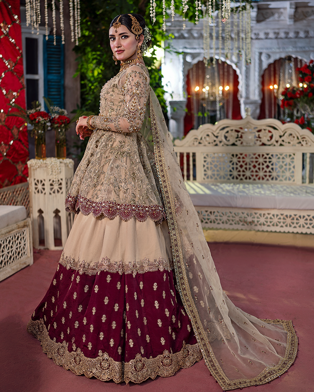 Royal Pakistani Bridal Dress in Peplum and Lehenga Style
