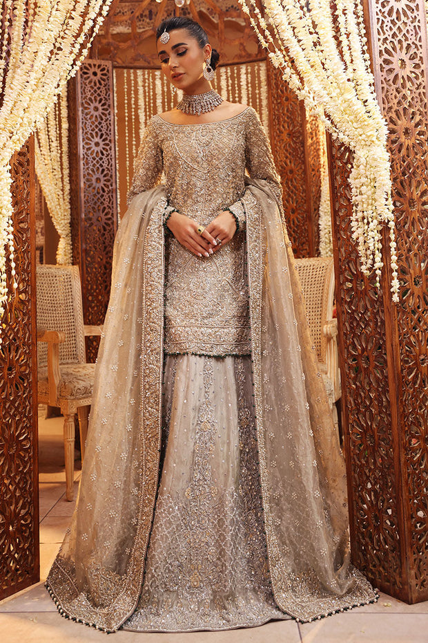 Royal Pakistani Bridal Dress in Silver Lehenga Shirt Style