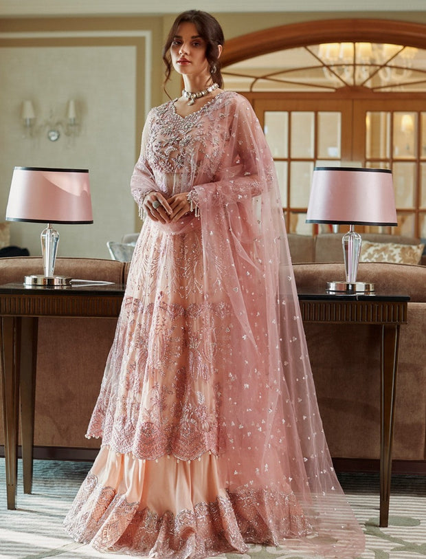 Royal Pakistani Bridal Frock and Sharara Dress in Pink