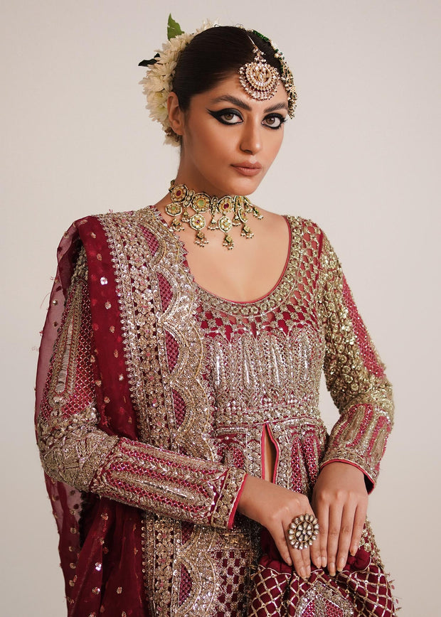 Royal Pakistani Bridal Gown in Open Style with Red Lehenga and Organza Dupatta Dress for Wedding