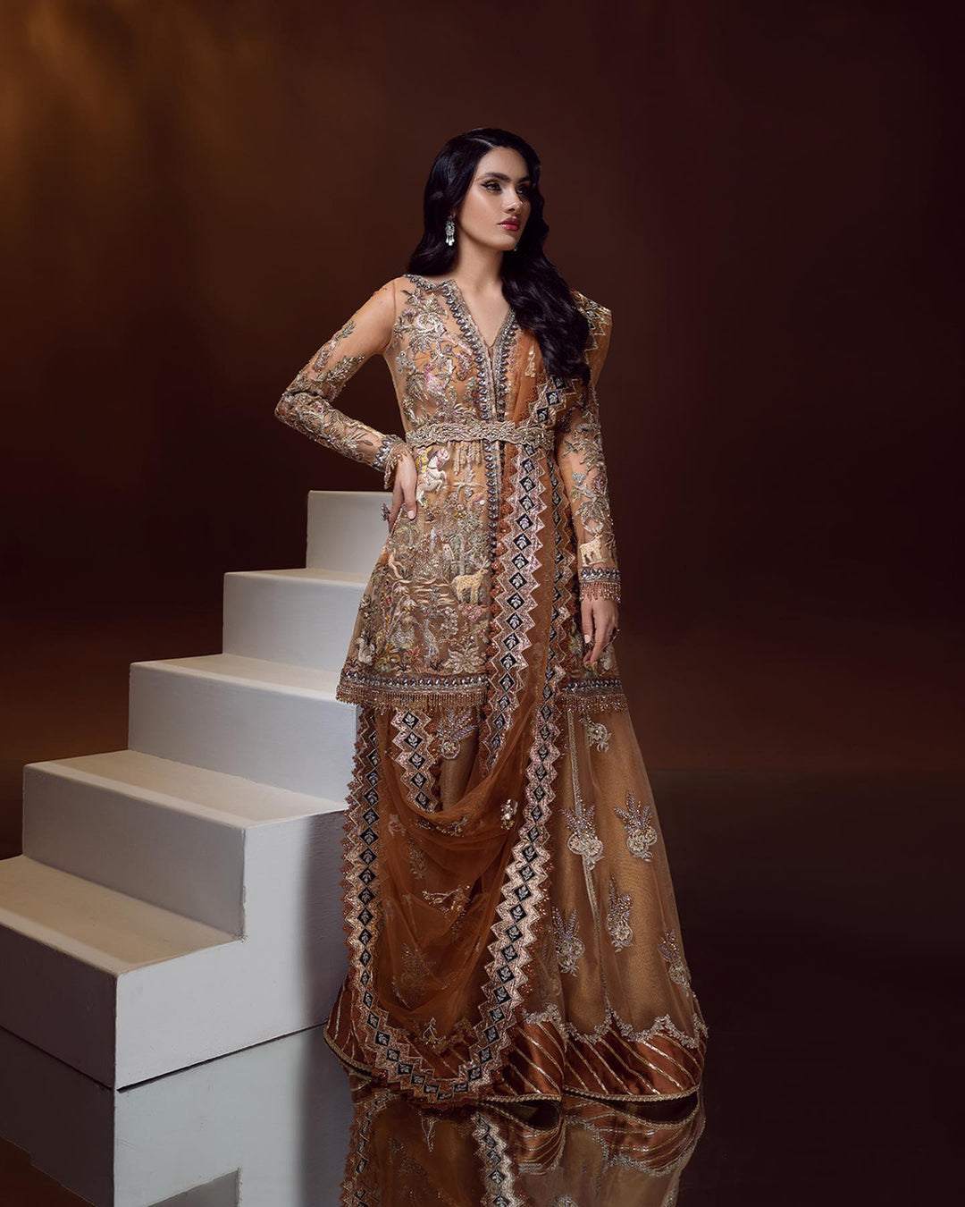 Majestic Pakistani Bridal Jacket Sharara Dress with Dupatta