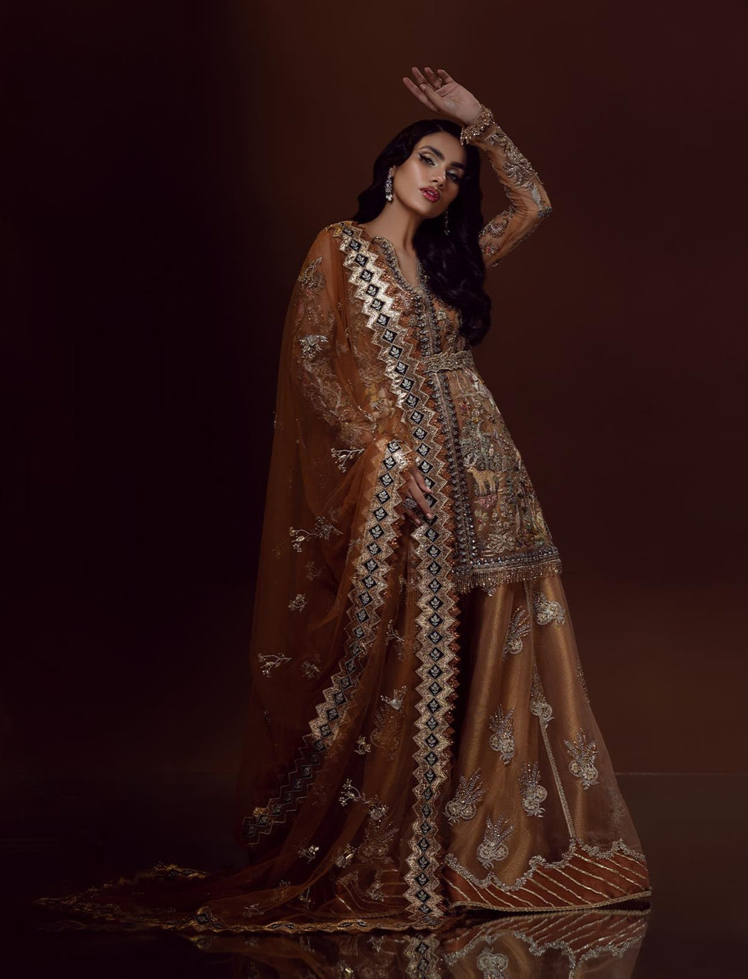 Majestic Pakistani Bridal Jacket Sharara Dress with Dupatta