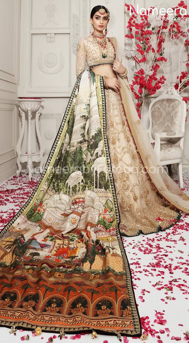 Royal Pakistani Bridal Lehenga Choli for Wedding Printed Shawl Look