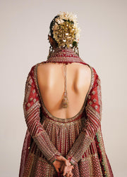 Royal Pakistani Bridal Pishwas Frock in Open Style with Red Lehenga and Organza Dupatta Dress