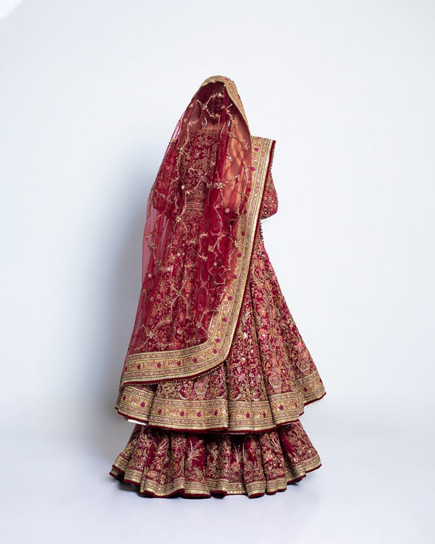 Royal Pakistani Bridal Pishwas Frock with Red Sharara Dress