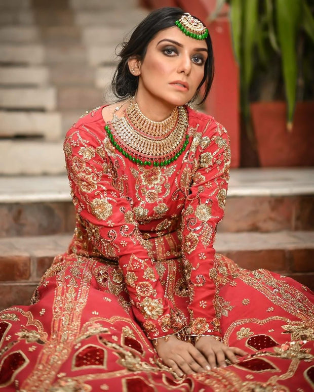 Royal Pakistani Bridal Red Lehenga with Choli and Dupatta