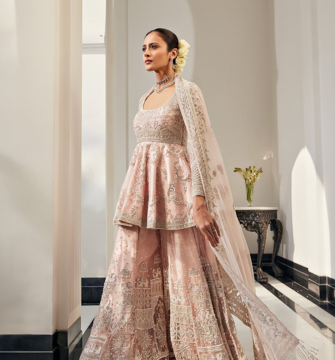 Royal Pakistani Bridal Wear in Sharara Frock Style Online