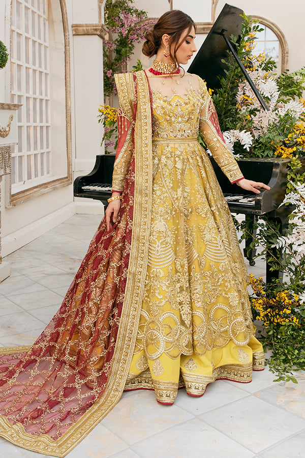 Royal Pakistani Bridal Yellow Lehenga Frock Dress