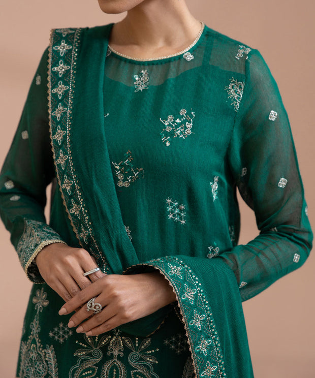 Royal Pakistani Green Dress in Kameez Trouser Style for Eid