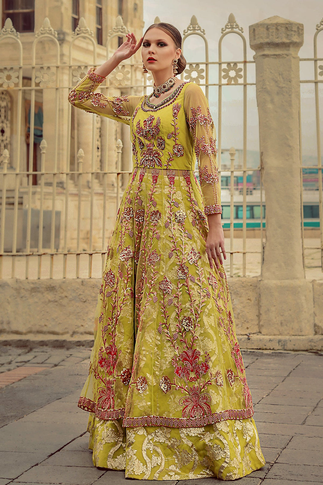 Royal Pakistani Green Dress in Lehenga Pishwas Style