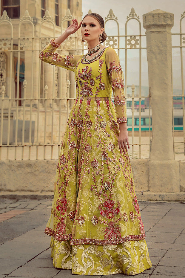 Royal Pakistani Green Dress in Lehenga Pishwas Style