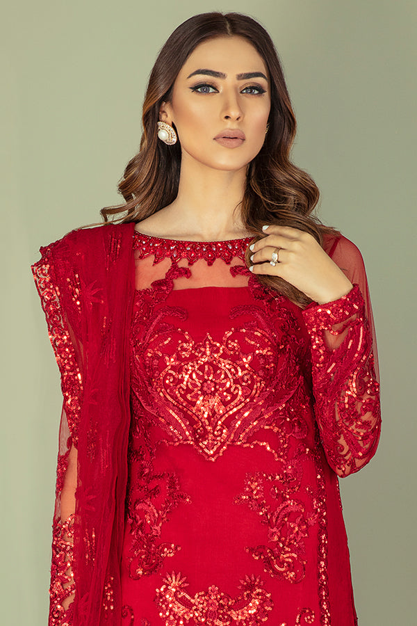 Royal Pakistani Party Dress in Embroidered Kameez Trouser and Red Dupatta Style in Premium Net
