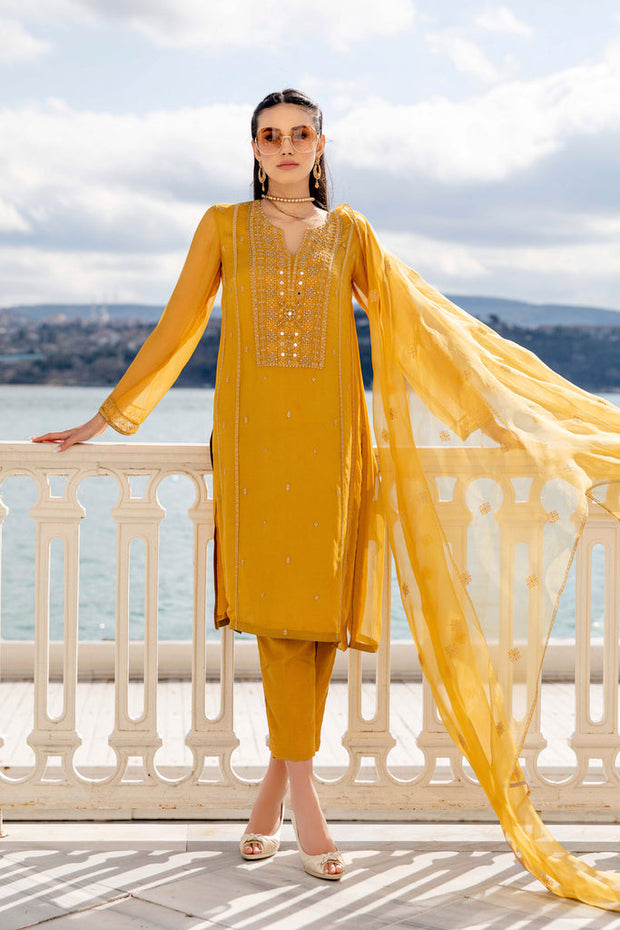 Royal Pakistani Party Dress in Yellow Kameez Trouser Style