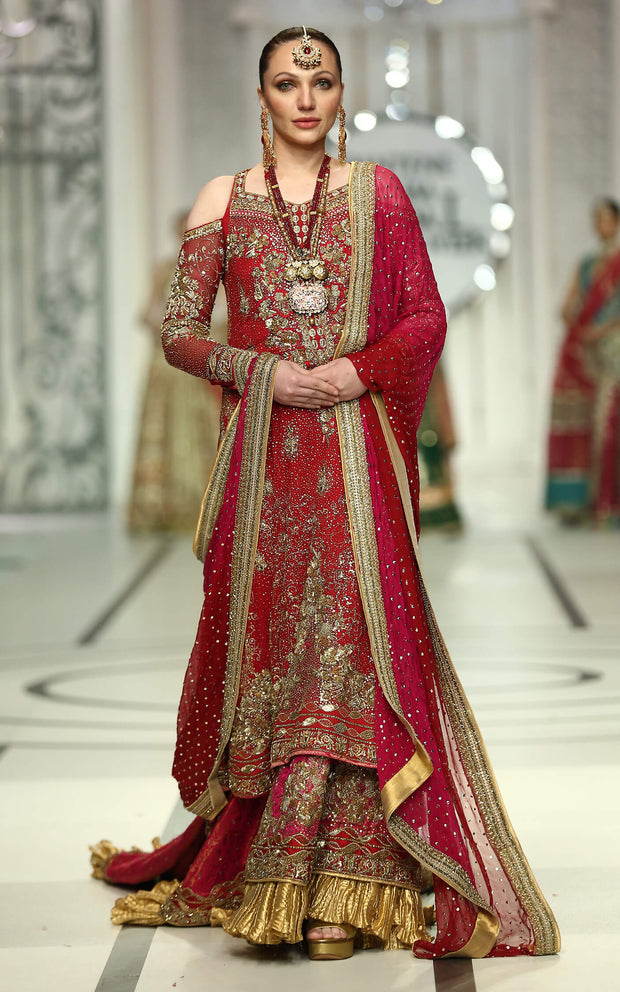 Royal Pakistani Red Dress in Lehenga Frock Style