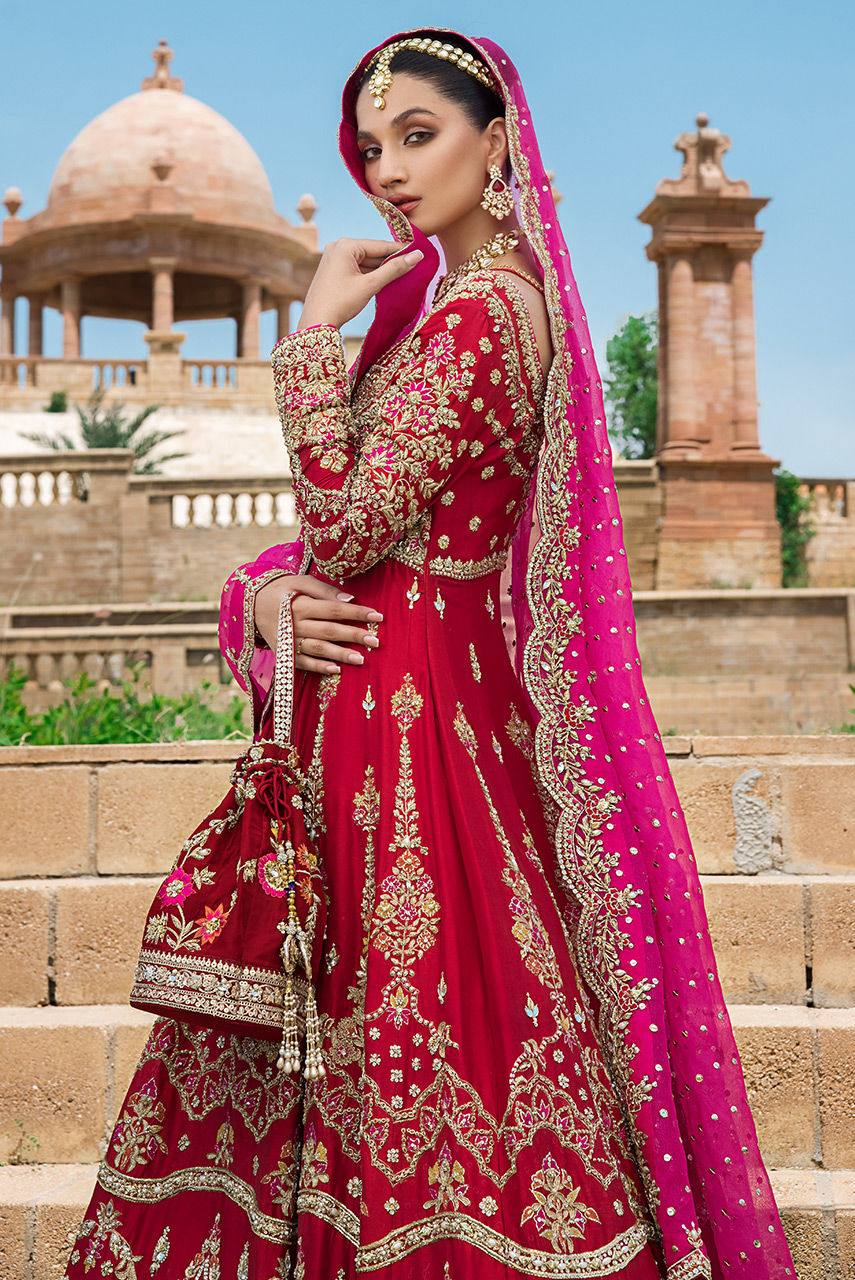 Pakistani Red Bridal Dress - Raw Silk Gown Style