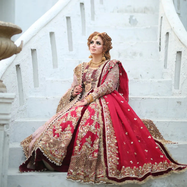 Royal Pakistani Red Lehenga with Front Open Gown and Dupatta