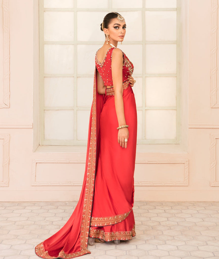 DEEP RED FLORAL THREAD EMBROIDERED SAREE GOWN – Lady Selection Inc