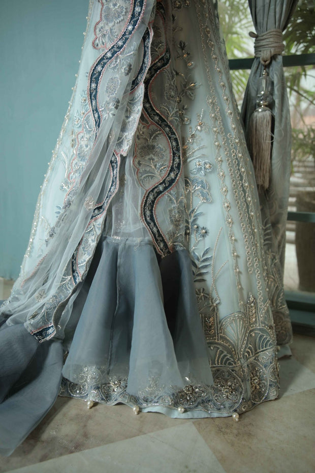 Royal Pakistani Wedding Blue Grey Lehenga Choli Dupatta Dress
