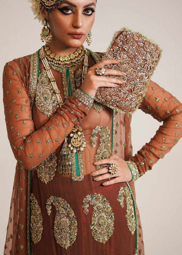 Royal Pakistani Wedding Dress in Brown Sharara and Gown Style