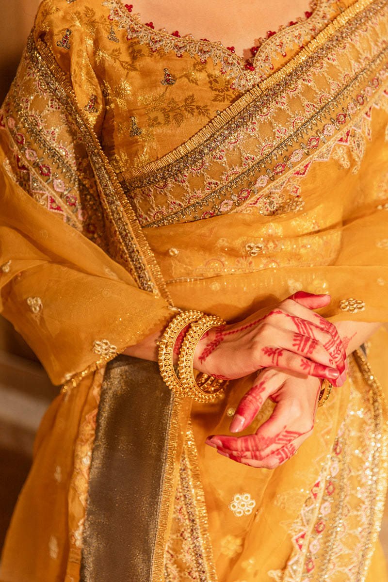 Elegant Mustard Yellow Pakistani Bridal Saree Dress