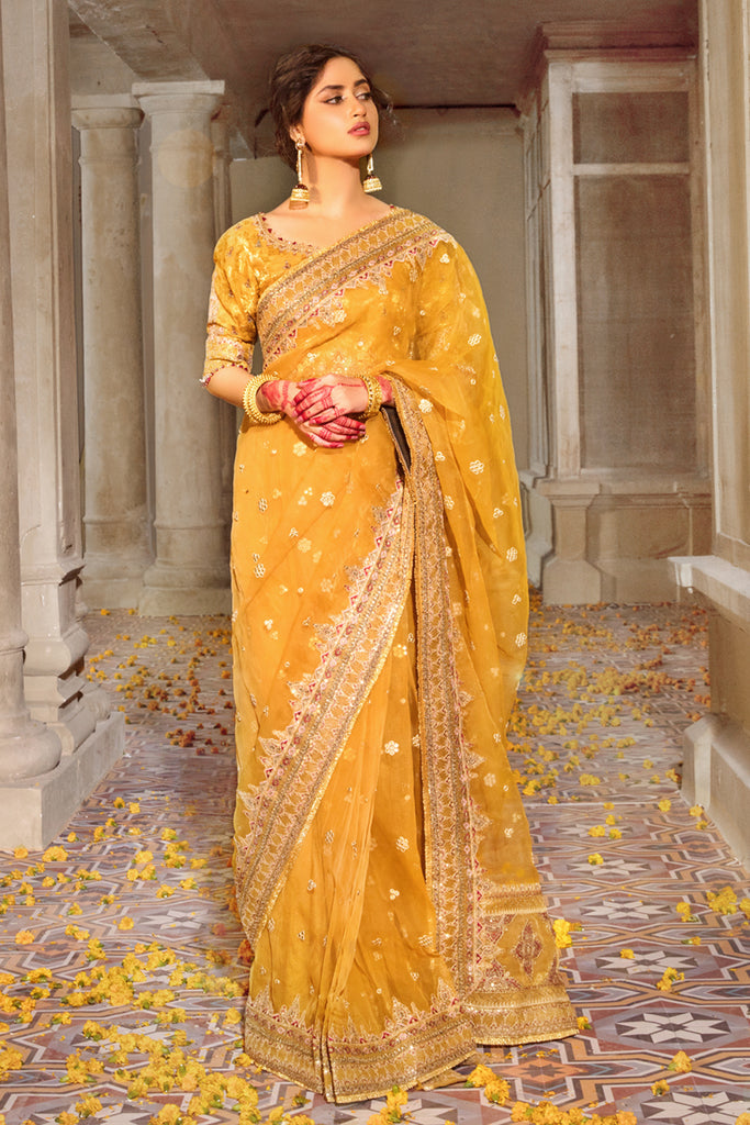 Elegant Mustard Yellow Pakistani Bridal Saree Dress