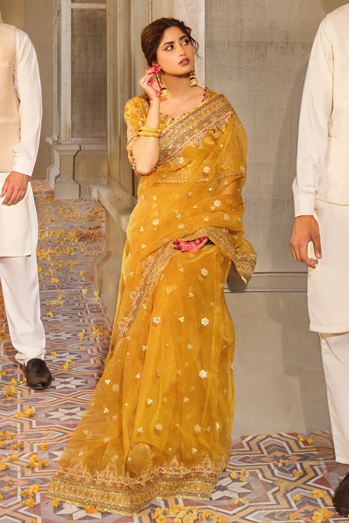 Elegant Mustard Yellow Pakistani Bridal Saree Dress