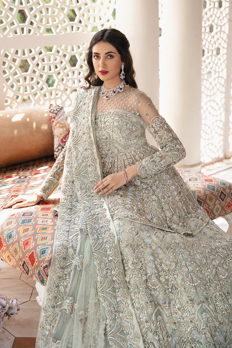 Elegant Silver-Green Peplum Bridal Lehenga | Pakistani Bridal Dresses