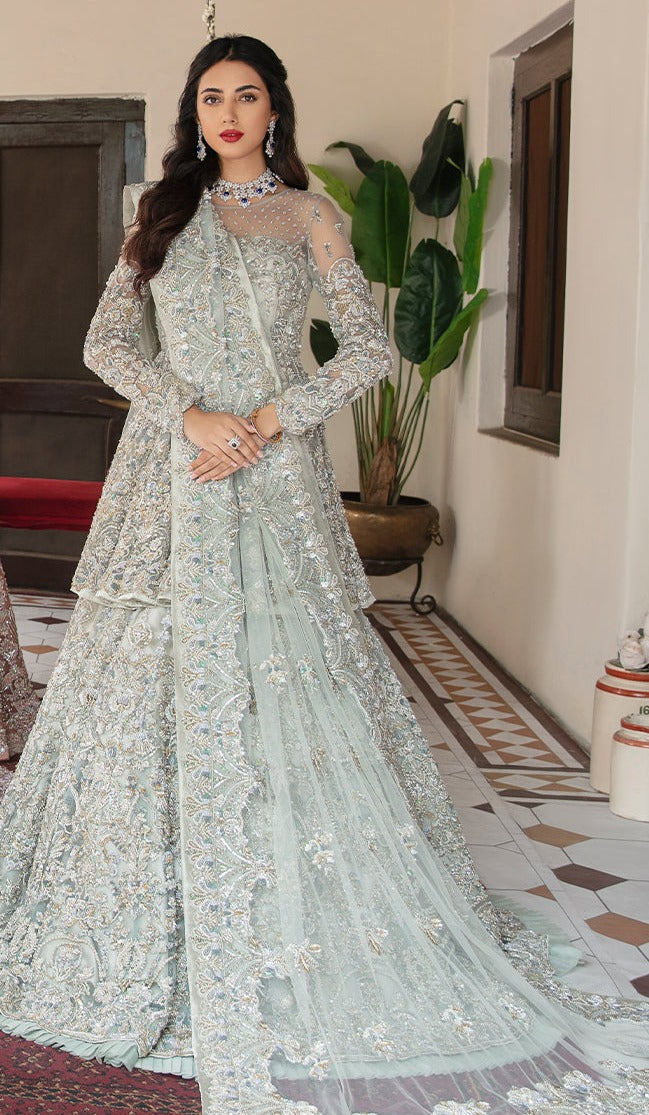 Elegant Silver-Green Peplum Bridal Lehenga | Pakistani Bridal Dresses