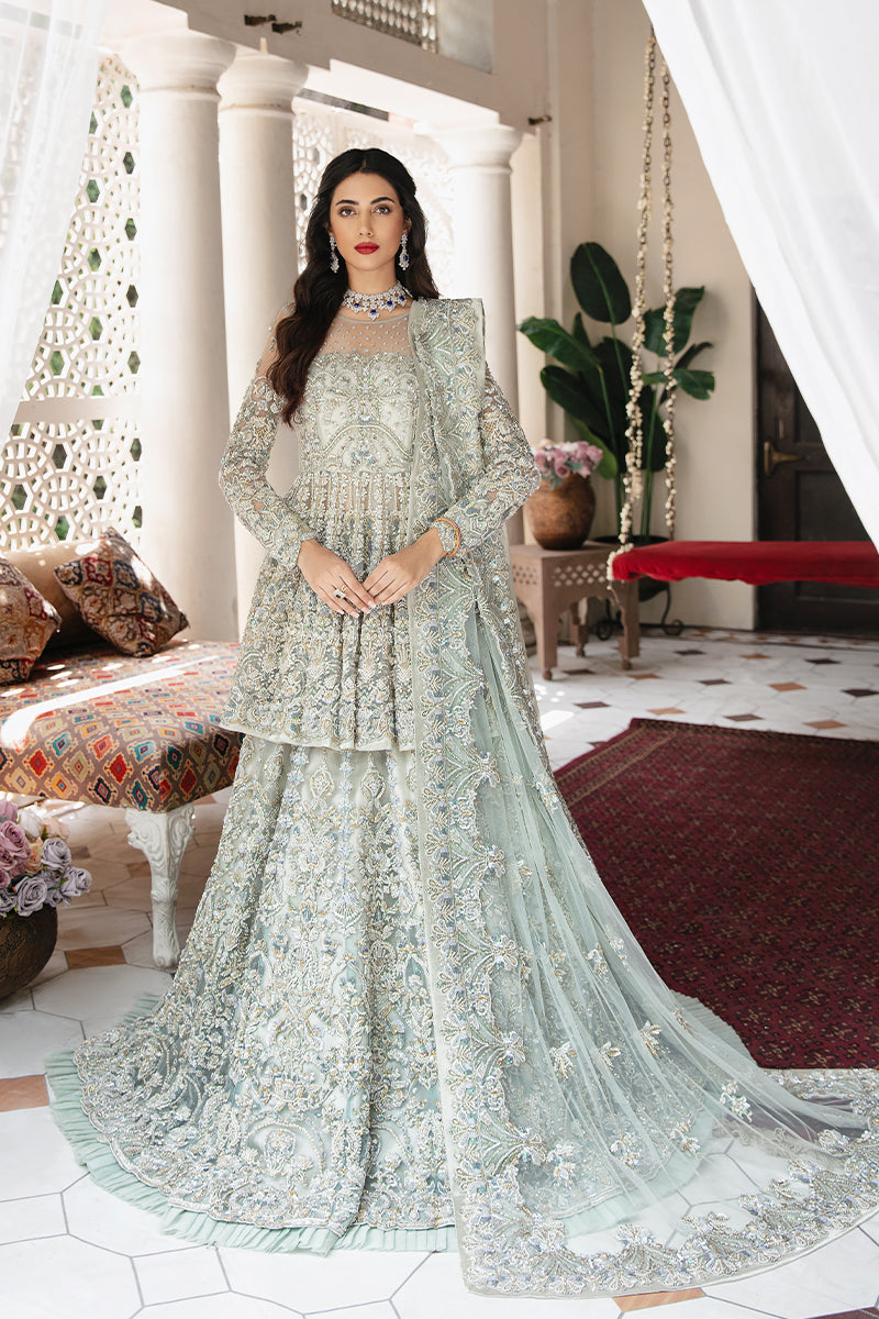 Elegant Silver-Green Peplum Bridal Lehenga | Pakistani Bridal Dresses