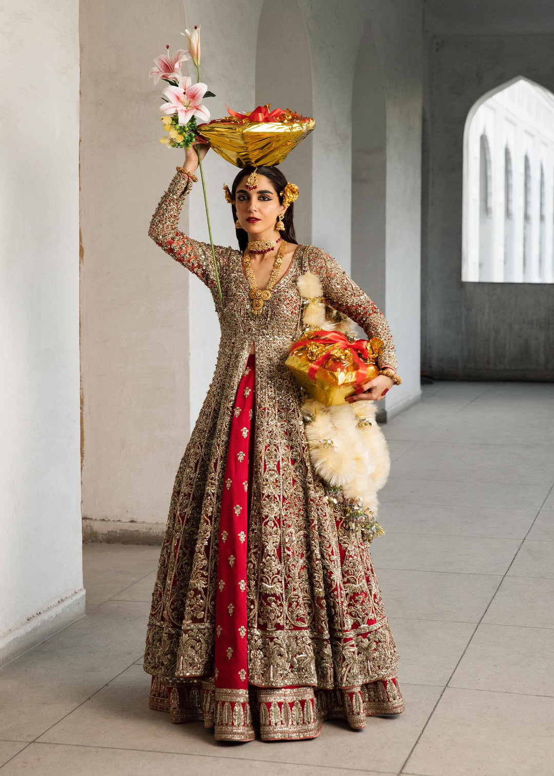 Stunning Red Pishwas Frock & Silk Bridal Lehenga Ensemble