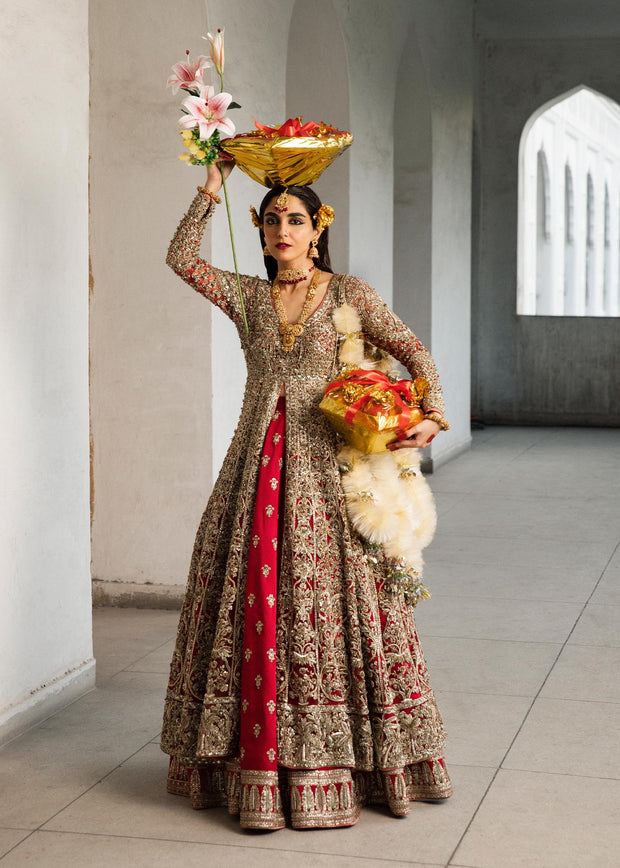 Royal Pishwas Frock Dupatta and Silk Lehenga Red Bridal Dress