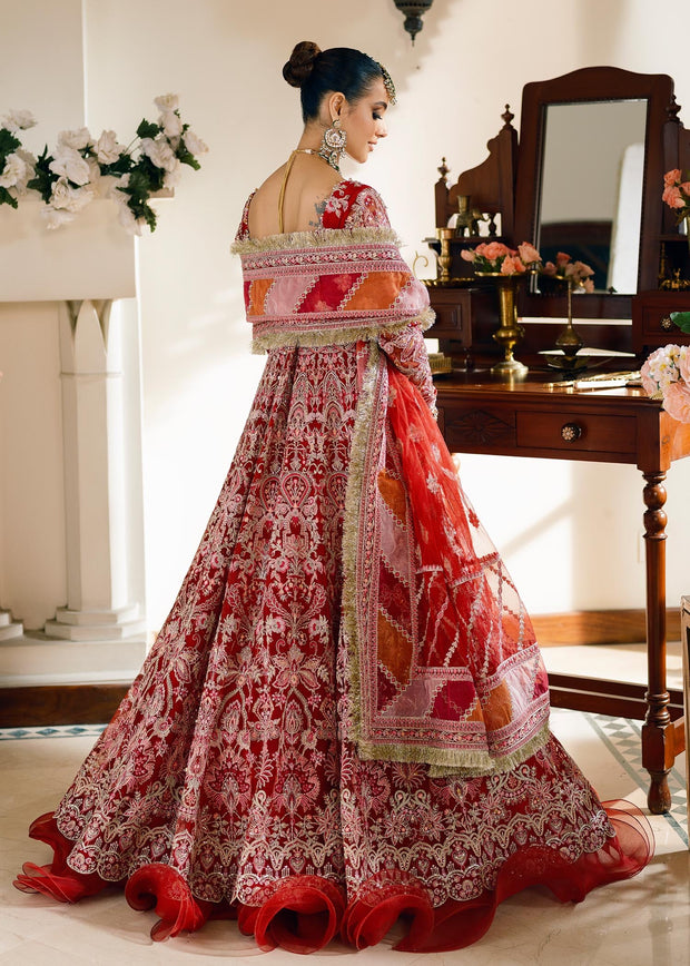 Royal Pishwas Frock and Dupatta Red Bridal Dress Pakistani