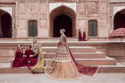 Royal Pishwas Frock with Lehenga and Dupatta Red Bridal Dress