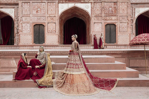 Royal Pishwas Frock with Lehenga and Dupatta Red Bridal Dress