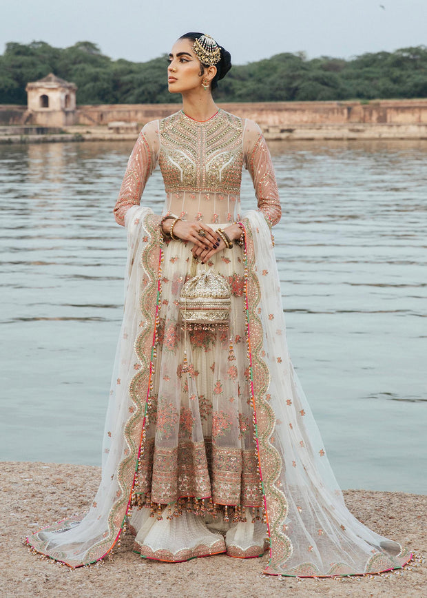 Royal Pishwas Frock with Sharara and Dupatta in Net Fabric