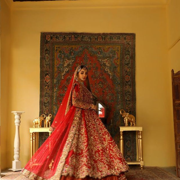 Royal Pishwas Lehenga Red Bridal Pakistani Dress Online