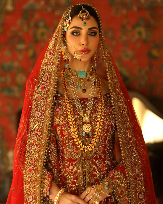 Royal Pishwas Lehenga Red Bridal Pakistani Dress for Barat