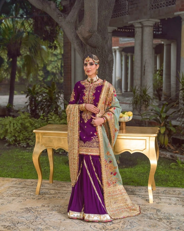 yellow and purple dress pakistani Yellow & Purple Sharara Top Style Lehenga Anarkali