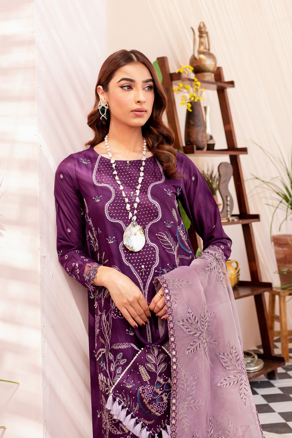 Purple Kameez Trouser and Dupatta Pakistani Eid Dress – Nameera by Farooq