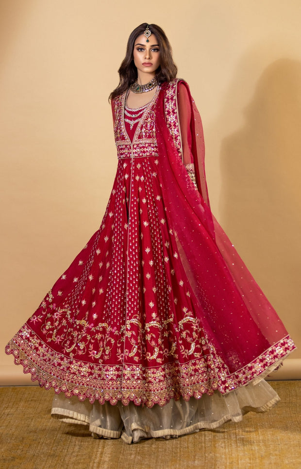 Royal Red Bridal Dress Pakistani in Lehenga Gown Style