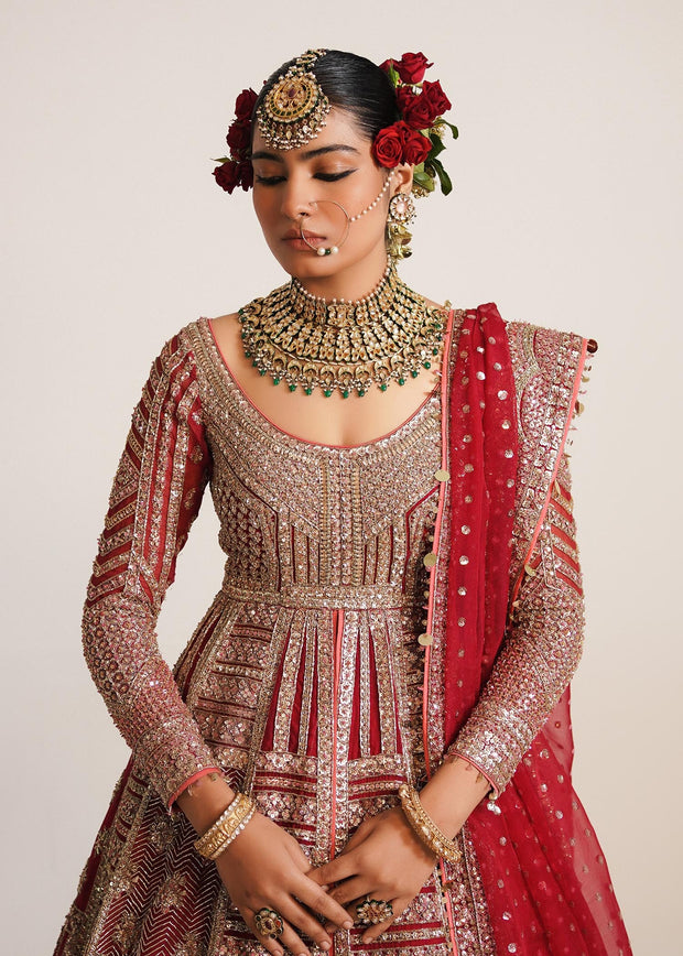 Royal Red Lehenga Frock and Dupatta Pakistani Bridal Dress
