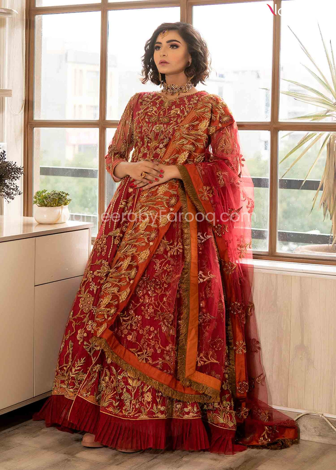Royal Red Maxi Dress for Wedding with Embroidery