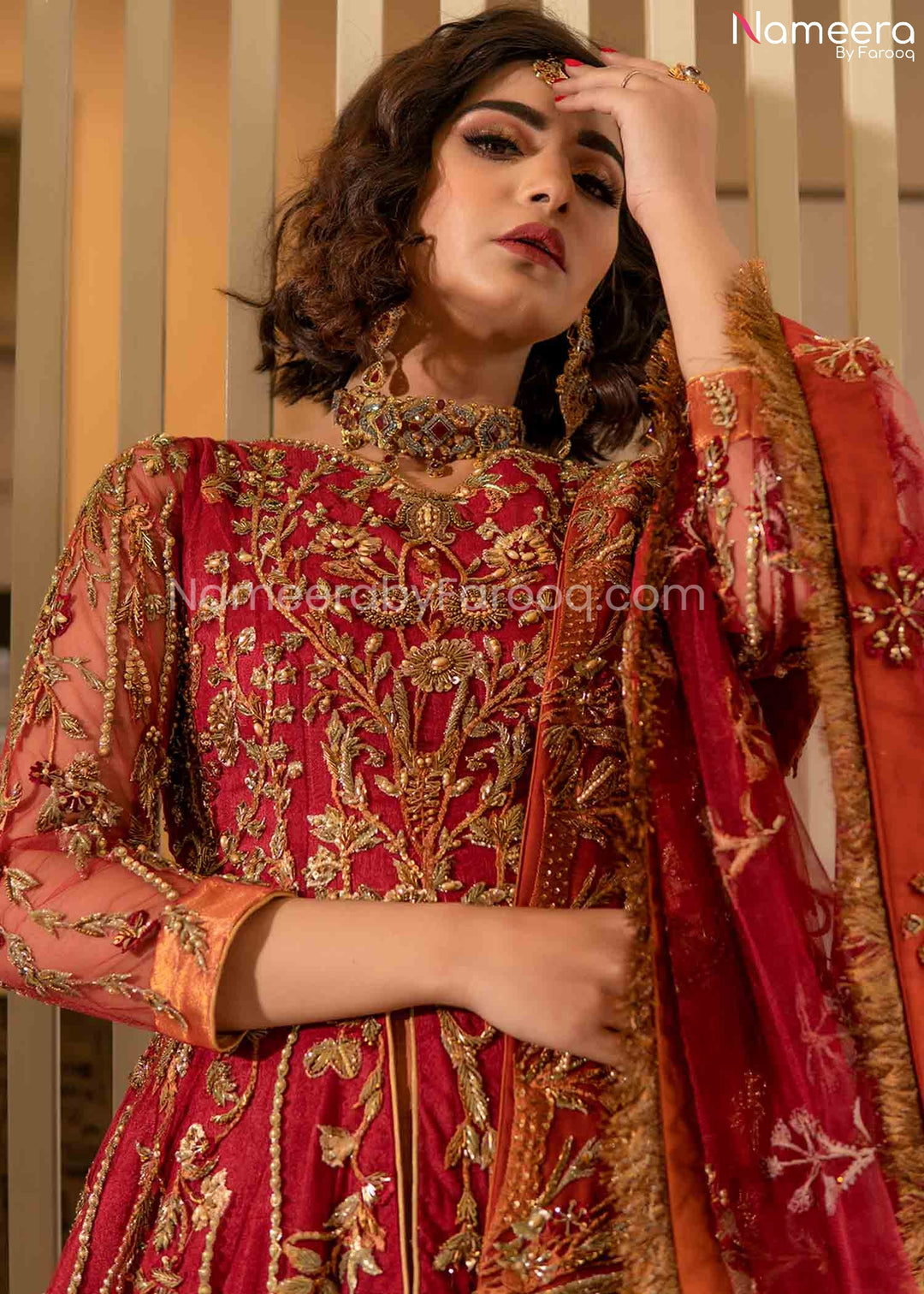 Royal Red Maxi Dress for Wedding with Embroidery Neckline Embroidery