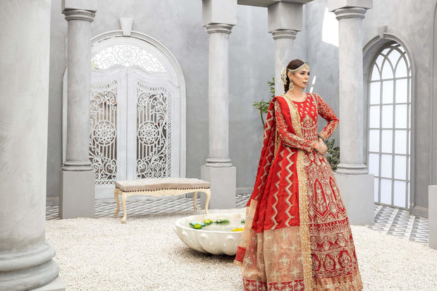Royal Red Pakistani Bridal Dress in Gown and Dupatta Style
