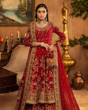Royal Red Pakistani Bridal Dress in Lehenga and Frock Style