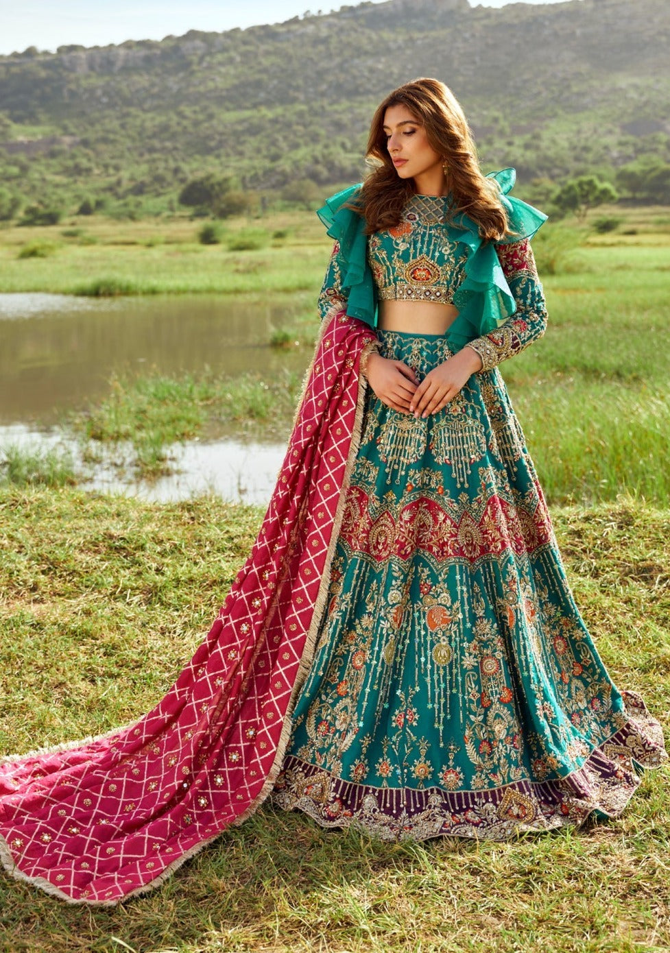 Royal Sea Green Lehenga Choli with Pink Dupatta Dress