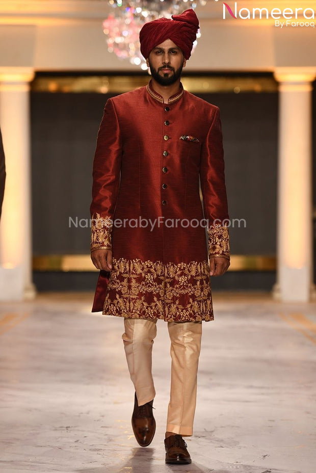 Royal Sherwani For Groom in Maroon Color Online GR52