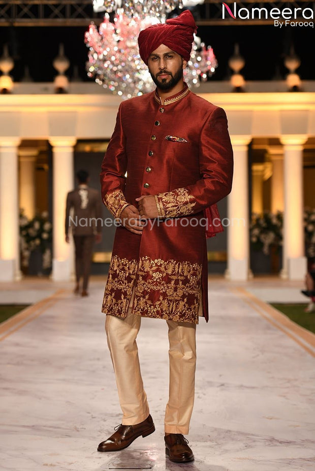 Maroon sale groom sherwani