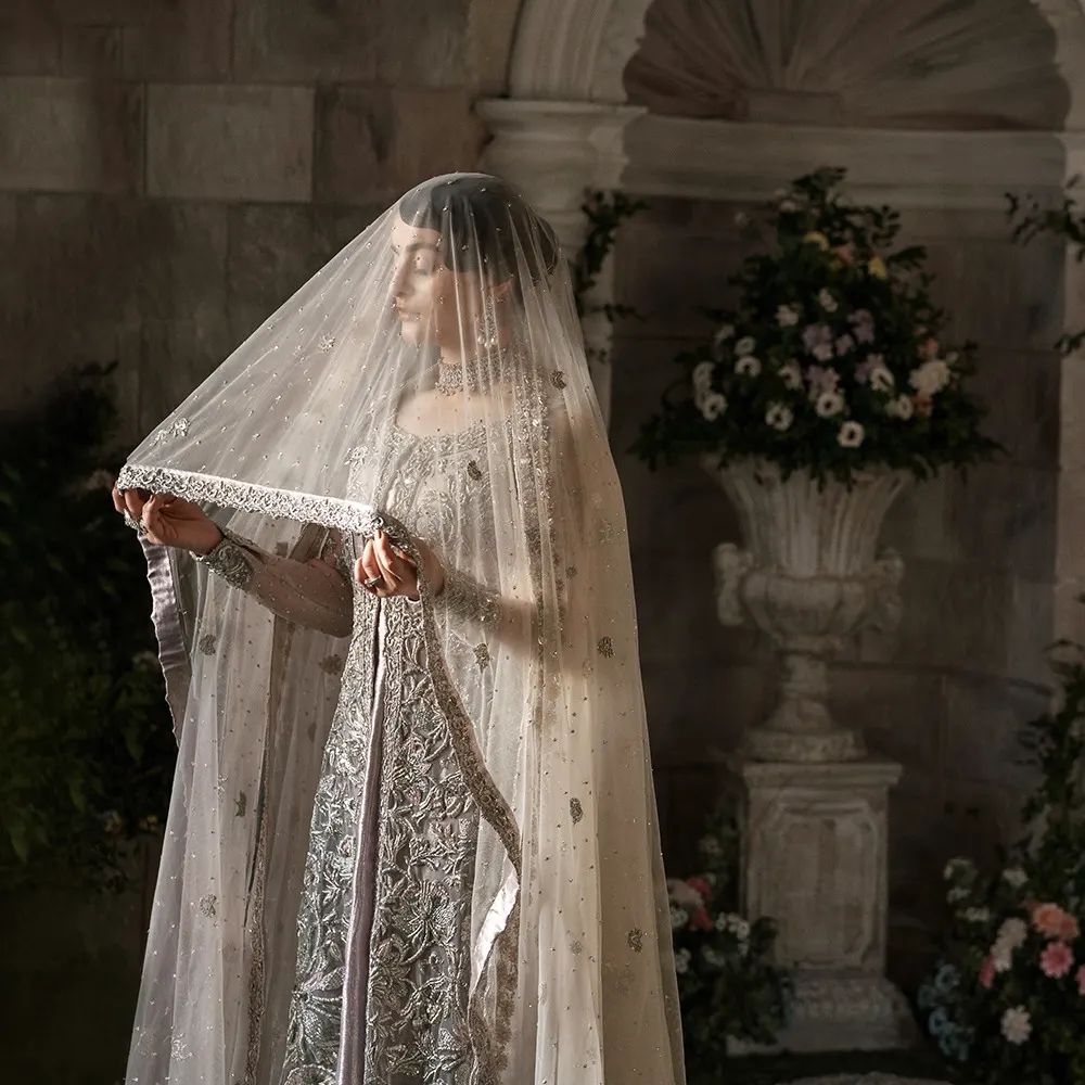 Elegant Silver Pakistani Bridal Dress with Gown Lehenga