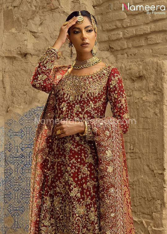 Royal Traditional Gold and Red Bridal Dress Pakistani